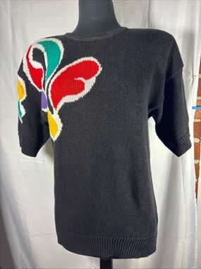 Black Crewneck Sweater with Multicolor Floral Accent 80s True Vintage